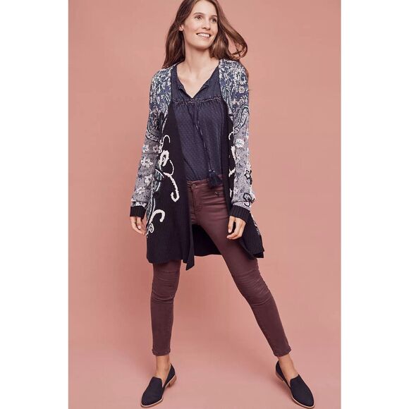 Anthropologie HWR Monogram Emmia Hand Stitched Cardigan Sweater Medium Floral - Picture 3 of 8